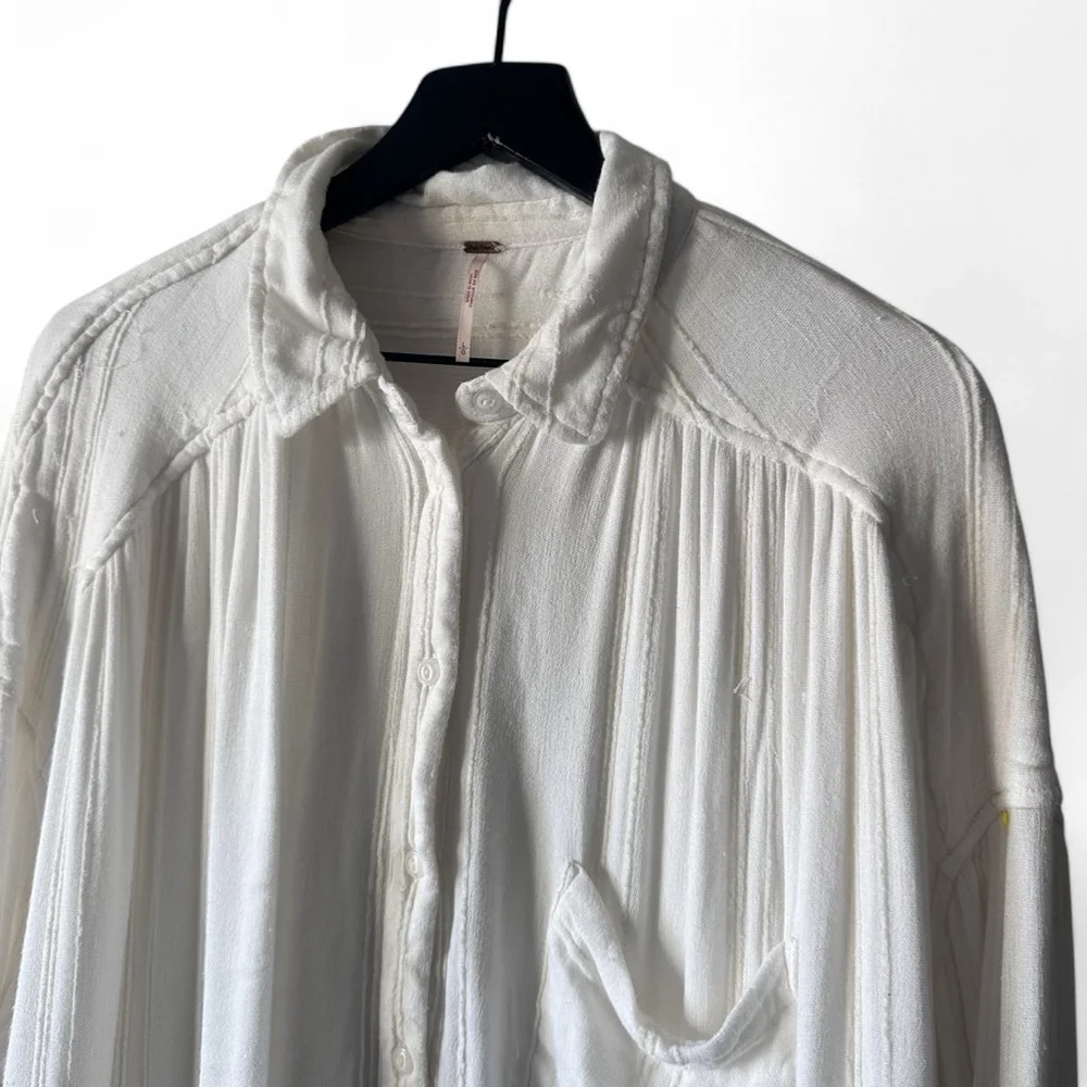 Free People Button-Down Cozy Nights Gauzy Oversized Shirt - Large